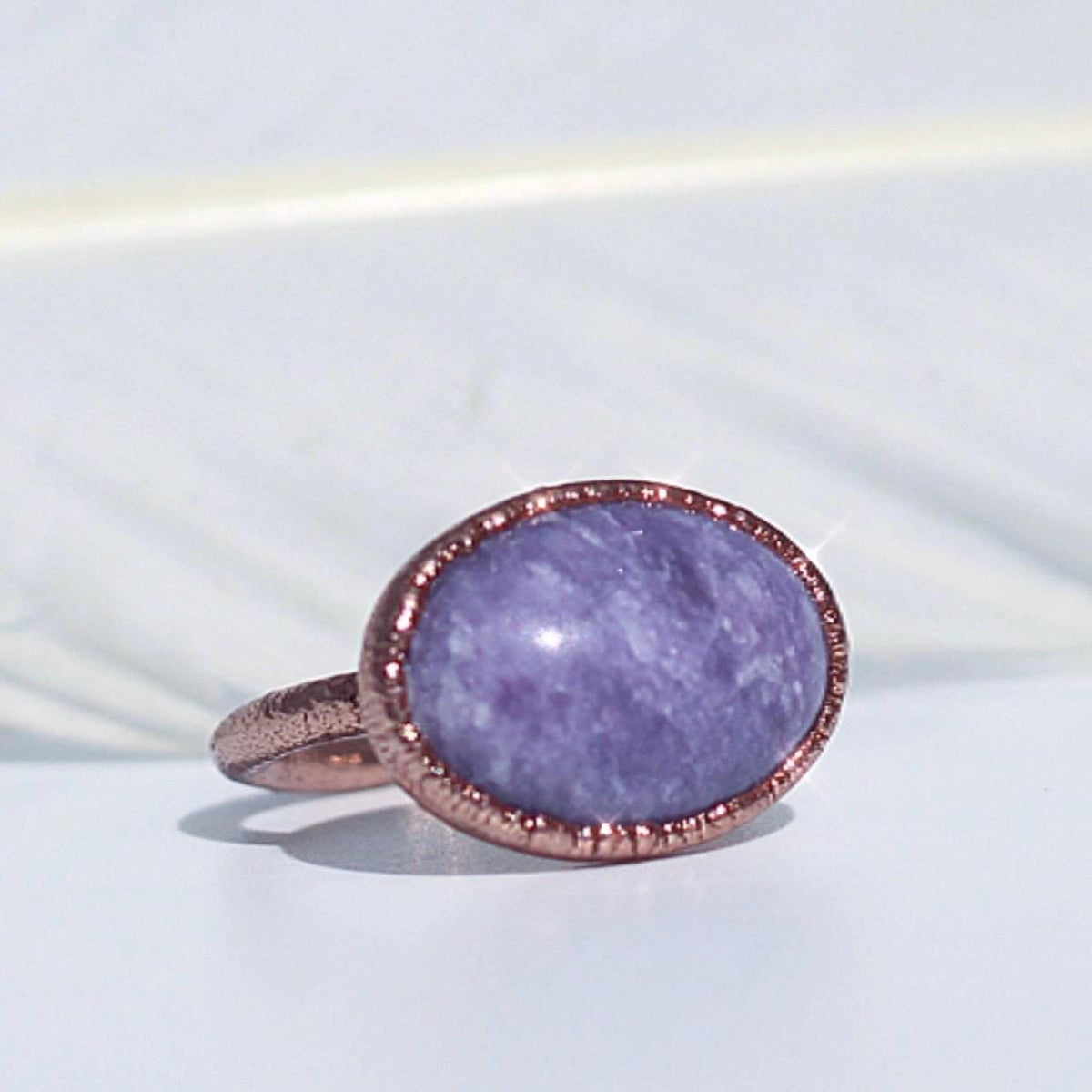Lepidolite Ring: Organic Copper Setting, Horizontal Stone Ring, Purple Oval Stone Ring, Oval Crystal Ring, Horizontal Set stone Ring