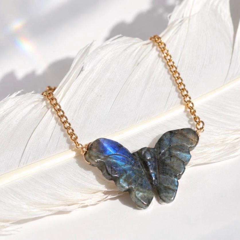 Labradorite Butterfly Necklace, Butterfly Jewelry, Crystal Butterfly Pendant, Butterfly Gift, Flashy Labradorite Jewelry, Butterfly Choker