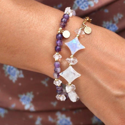 Moonstone Star and Herkimer Diamond Bracelet, Moonstone Adjustable Bracelet, Moonstone Jewelry, Star Jewelry, Healing Crystal Bracelet