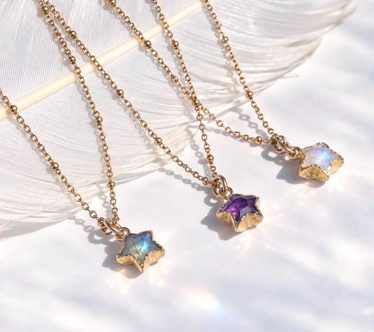 Gemstone Star Necklace, Delicate Star Charm Necklace, Star Jewelry, Moonstone Star, Amethyst Star, Labradorite Star, Star Layer Necklace