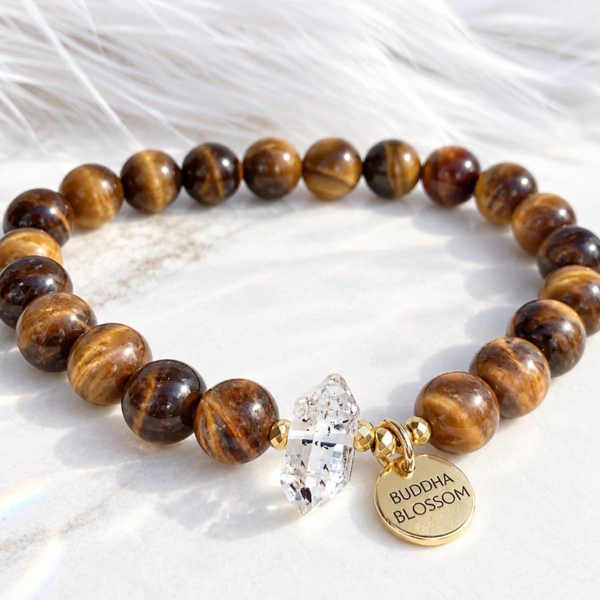 Tigers Eye Mala Bracelet, Herkimer Diamond, Gemstone Healing Jewelry, Tigers Eye Stacking Bracelet, Good Luck Stone, Crystal Bracelet