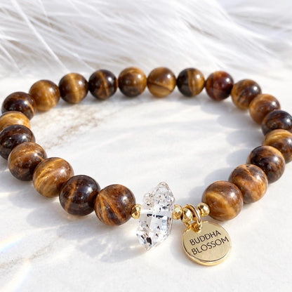 Tigers Eye Mala Bracelet, Herkimer Diamond, Gemstone Healing Jewelry, Tigers Eye Stacking Bracelet, Good Luck Stone, Crystal Bracelet