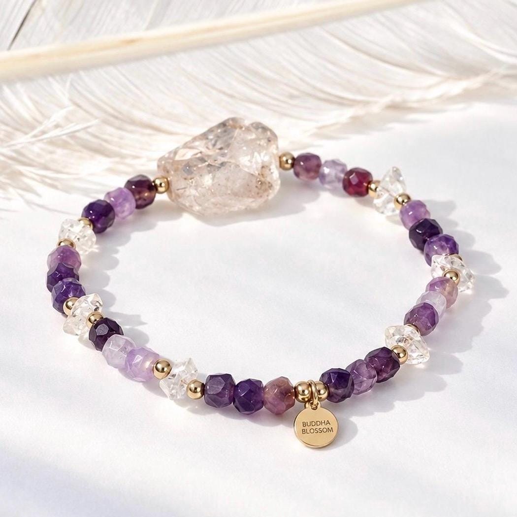 Amethyst and Chunky Herkimer Diamond Stretchy Beaded Bracelet, Genuine Amethyst Bracelet, Amethyst Jewelry, Big Herkimer Diamond Bracelet