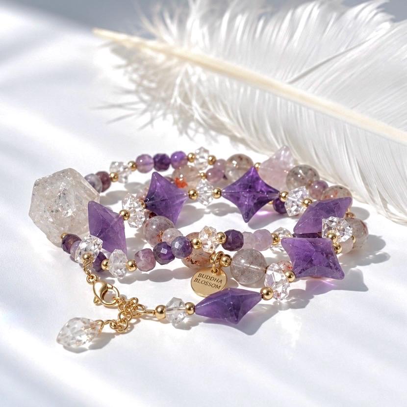 Amethyst and Chunky Herkimer Diamond Stretchy Beaded Bracelet, Genuine Amethyst Bracelet, Amethyst Jewelry, Big Herkimer Diamond Bracelet