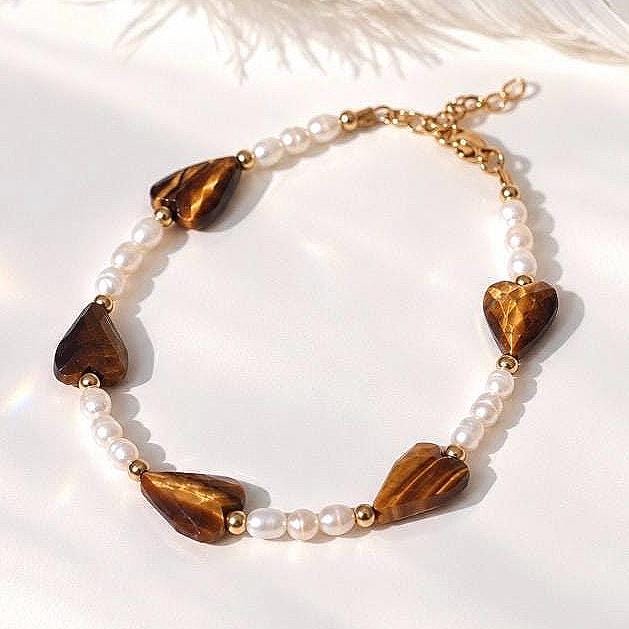 Tigers Eye Heart and Pearl Bead Bracelet, Tigers Eye Crystal Jewelry, Boho Pearl Bracelet, Grounding Bracelet, Protection Jewelry, Good Luck