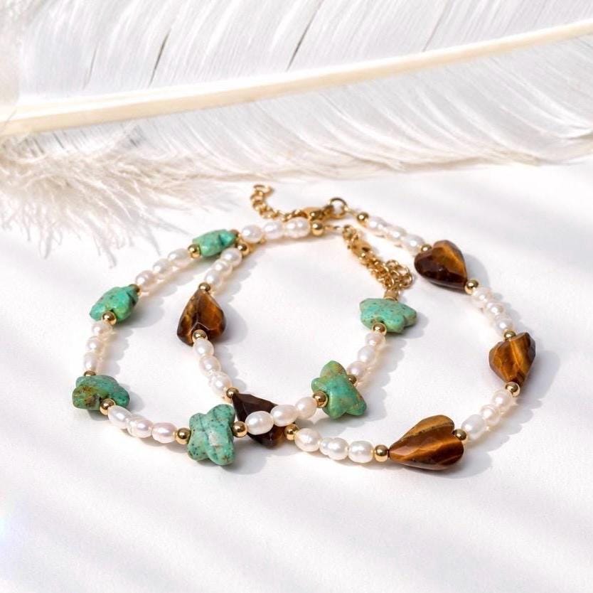 Tigers Eye Heart and Pearl Bead Bracelet, Tigers Eye Crystal Jewelry, Boho Pearl Bracelet, Grounding Bracelet, Protection Jewelry, Good Luck