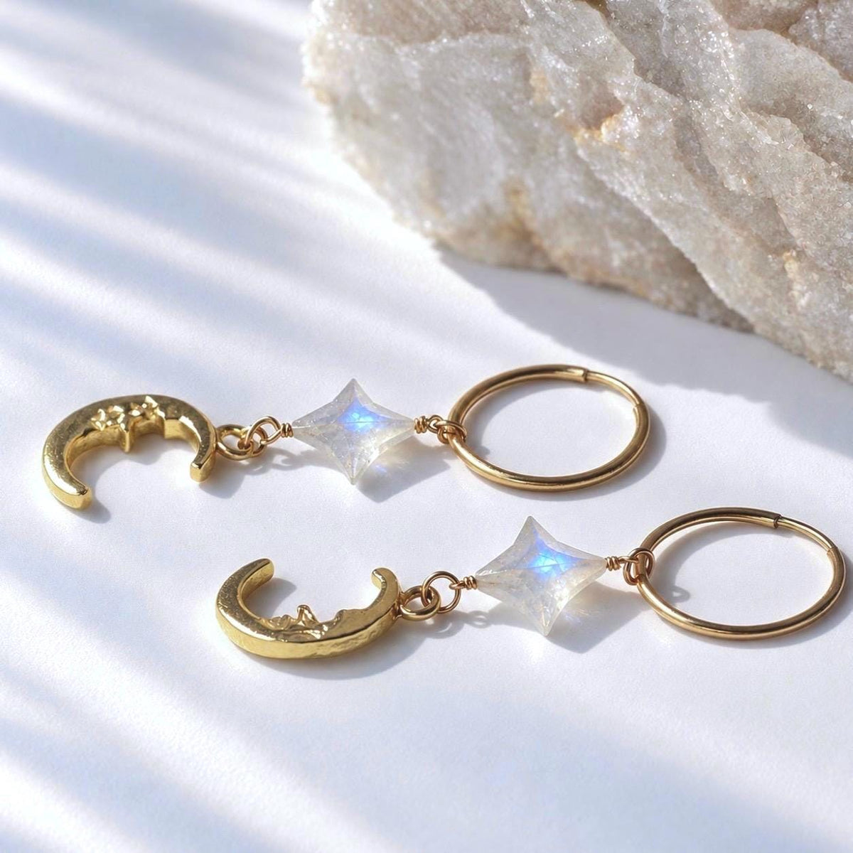 Crescent Moon Face Earrings, Moonstone Crystal Earrings, Moon Earrings Gold, 4 Point Star, Moon Huggy Hoops, Moon Huggies, Celestial Hoops