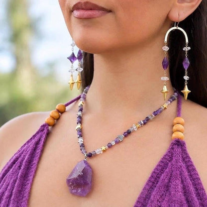 Large Amethyst Nugget Necklace, Gemmy Amethyst Pendant, Beaded Amethyst Boho Jewelry, Amethyst Choker Necklace, Statement Necklace