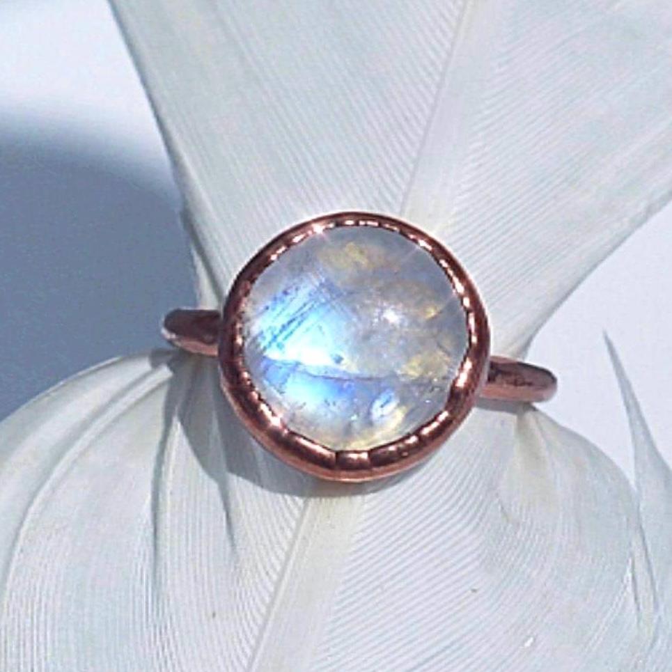 Moonstone Circle Ring, Moonstone Raw Stone, Circle Stone Ring, Big Moonstone Ring, Rainbow Moonstone Ring, Moonstone Copper Ring