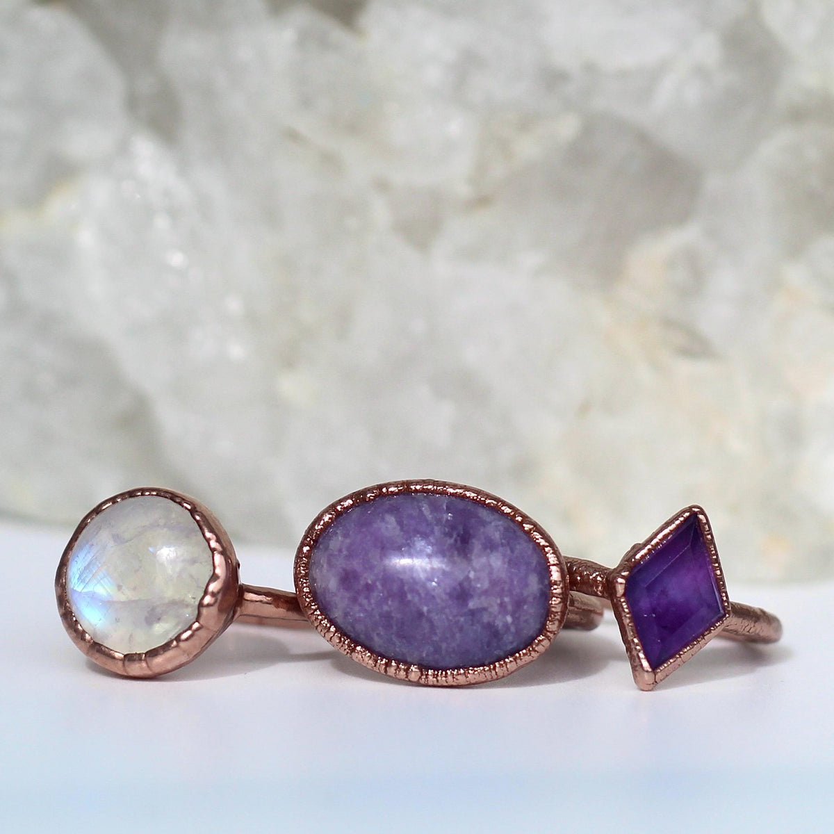 Diamond Shape Amethyst Stone Ring, February Birthstone Ring, Boho Style Crystal Ring, Diamond Shaped Gemstone, Copper Jewelry