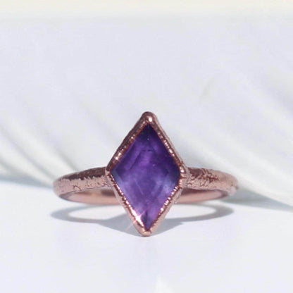 Diamond Shape Amethyst Stone Ring, February Birthstone Ring, Boho Style Crystal Ring, Diamond Shaped Gemstone, Copper Jewelry