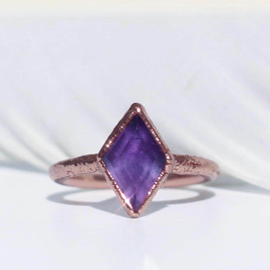 Diamond Shape Amethyst Stone Ring, February Birthstone Ring, Boho Style Crystal Ring, Diamond Shaped Gemstone, Copper Jewelry
