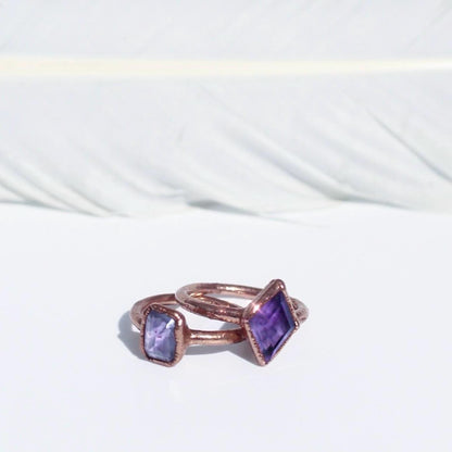Diamond Shape Amethyst Stone Ring, February Birthstone Ring, Boho Style Crystal Ring, Diamond Shaped Gemstone, Copper Jewelry