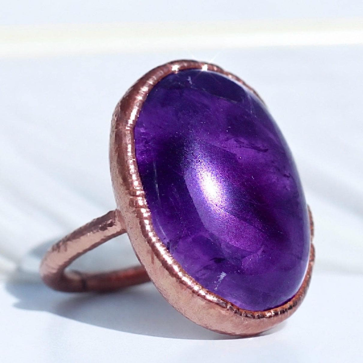 Big Amethyst Oval Ring, Statement Crystal Ring, Copper Gemstone Ring, Large Amethyst Stone, Large Stone Boho Ring, Cocktail Ring