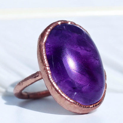 Big Amethyst Oval Ring, Statement Crystal Ring, Copper Gemstone Ring, Large Amethyst Stone, Large Stone Boho Ring, Cocktail Ring