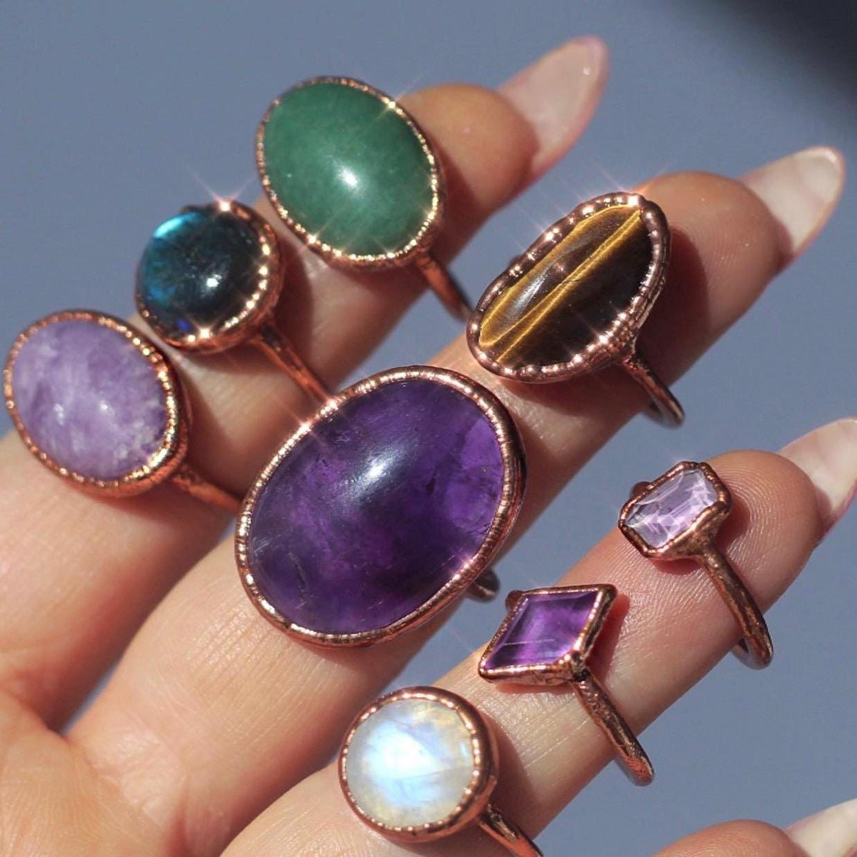 Big Amethyst Oval Ring, Statement Crystal Ring, Copper Gemstone Ring, Large Amethyst Stone, Large Stone Boho Ring, Cocktail Ring