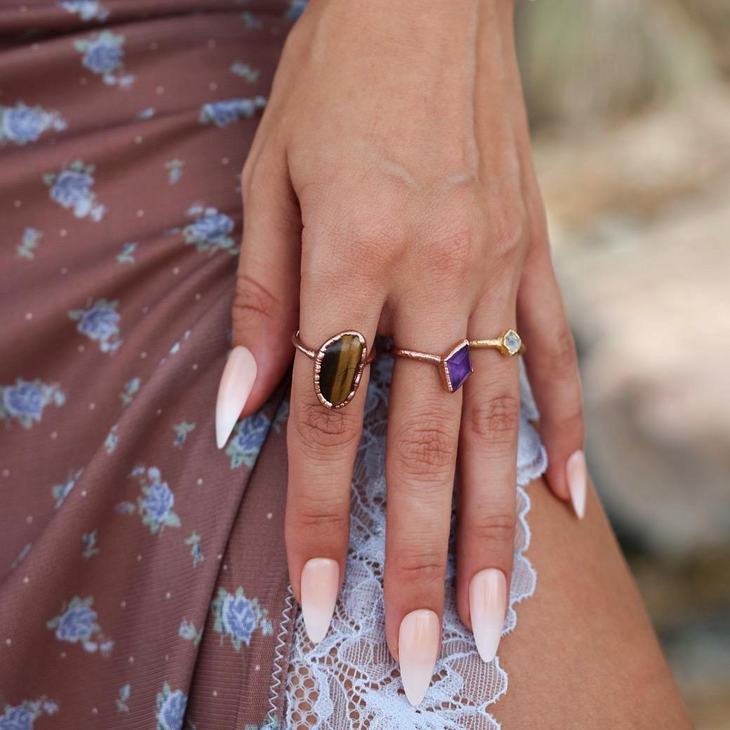 Electroformed Copper Tiger's Eye Ring, Raw Crystal Jewelry, Good Luck Stone Ring, Tigers Eye Jewelry, Raw Copper Ring, Healing Stone Ring