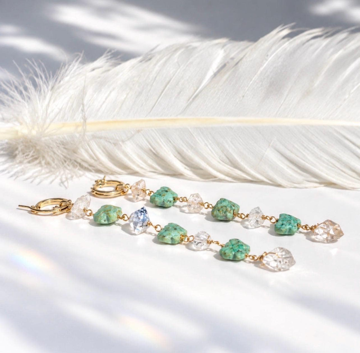 Turquoise Butterfly and Herkimer Diamond Duster Earrings: Gold Filled or Sterling Silver Huggie Hoops, Boho Bead Earrings, Dainty Crystals