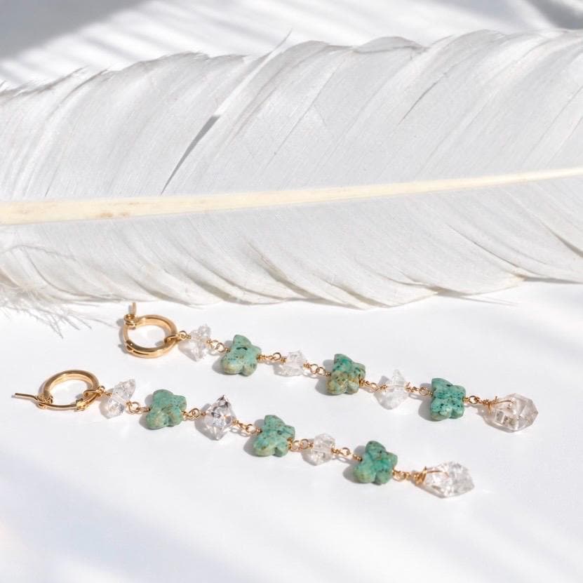 Turquoise Butterfly and Herkimer Diamond Duster Earrings: Gold Filled or Sterling Silver Huggie Hoops, Boho Bead Earrings, Dainty Crystals