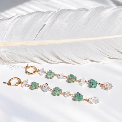 Turquoise Butterfly and Herkimer Diamond Duster Earrings: Gold Filled or Sterling Silver Huggie Hoops, Boho Bead Earrings, Dainty Crystals
