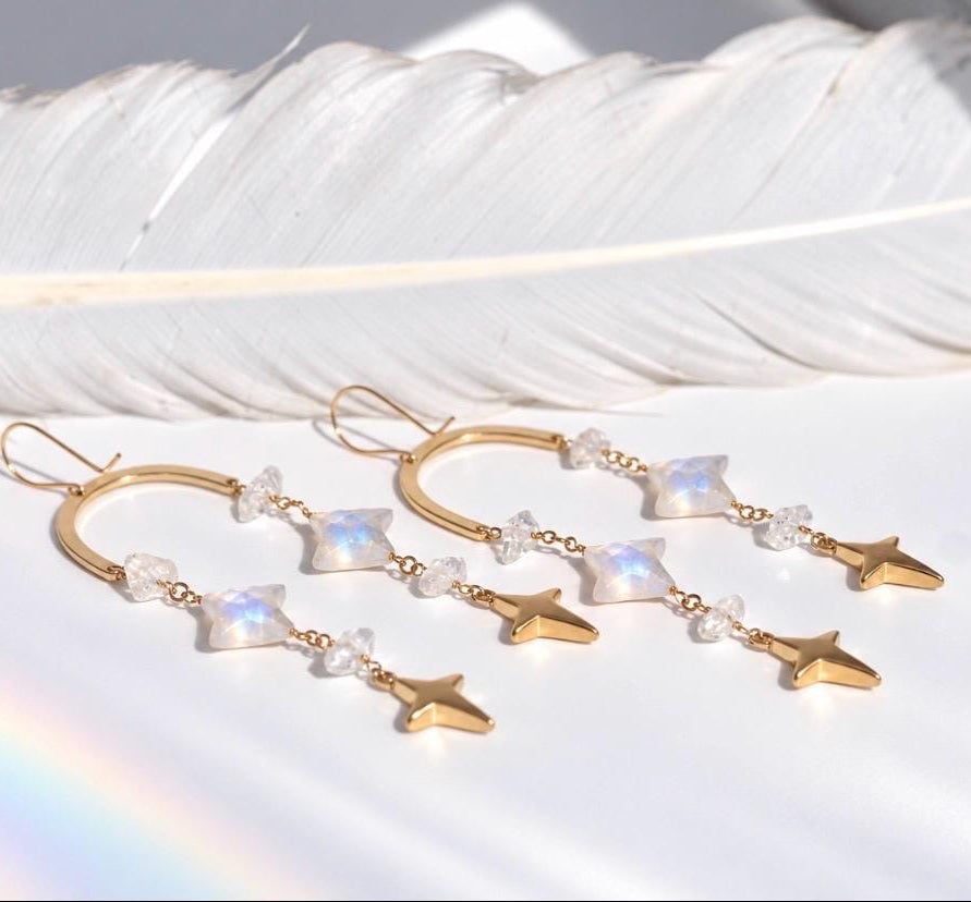 Whimsical Crystal Amethyst Earrings, Celestial Crystal Earrings, North Star Shape, 4 Point Star Earrings, Crystal Dangle Earrings, Boho Stye