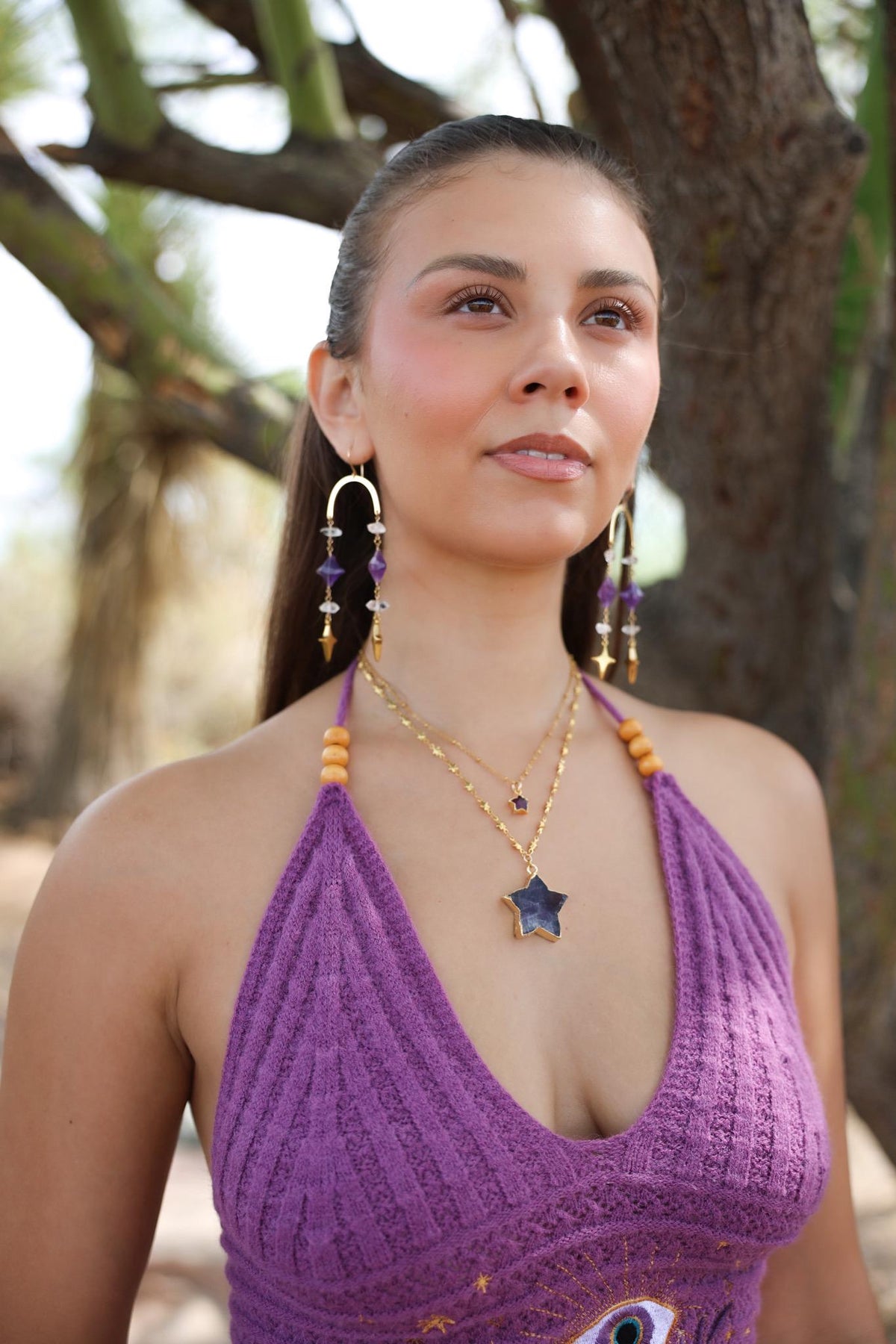 Whimsical Crystal Amethyst Earrings, Celestial Crystal Earrings, North Star Shape, 4 Point Star Earrings, Crystal Dangle Earrings, Boho Stye