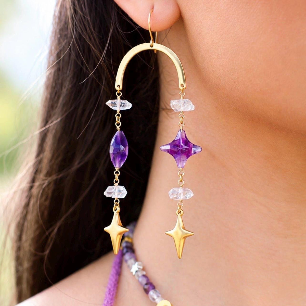 Whimsical Crystal Amethyst Earrings, Celestial Crystal Earrings, North Star Shape, 4 Point Star Earrings, Crystal Dangle Earrings, Boho Stye