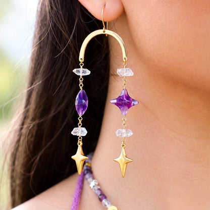 Whimsical Crystal Amethyst Earrings, Celestial Crystal Earrings, North Star Shape, 4 Point Star Earrings, Crystal Dangle Earrings, Boho Stye