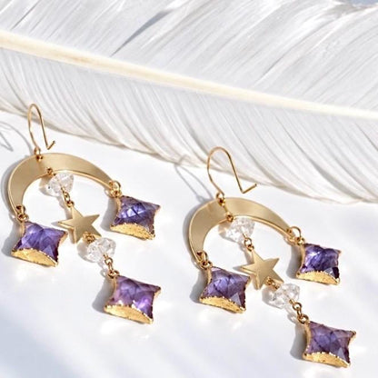 Celestial Crystal Statement Earrings, Whimsigoth Earrings, Labradorite Crystal Earrings, Crescent Moon Statement Earrings, Celestial Jewelry
