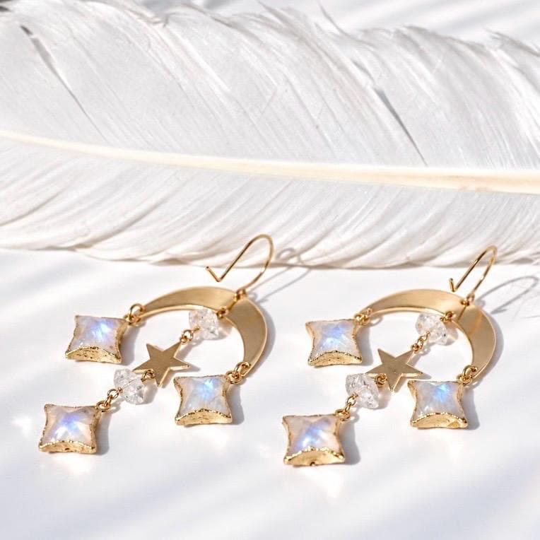 Celestial Crystal Statement Earrings, Whimsigoth Earrings, Labradorite Crystal Earrings, Crescent Moon Statement Earrings, Celestial Jewelry