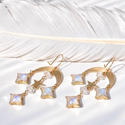Celestial Crystal Statement Earrings, Whimsigoth Earrings, Labradorite Crystal Earrings, Crescent Moon Statement Earrings, Celestial Jewelry