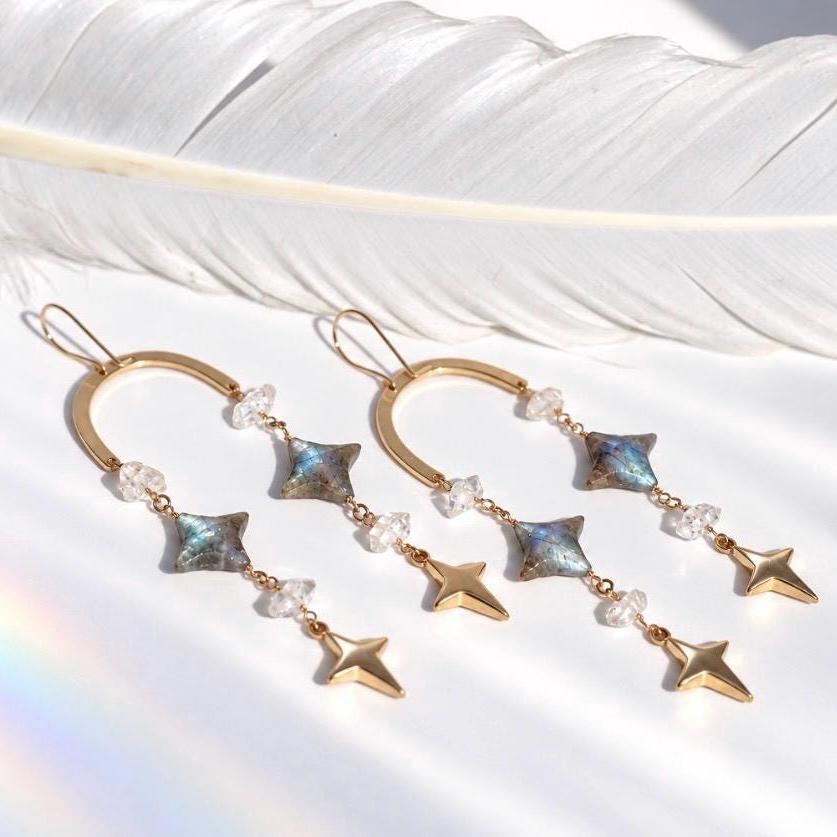 Whimsical Crystal Amethyst Earrings, Celestial Crystal Earrings, North Star Shape, 4 Point Star Earrings, Crystal Dangle Earrings, Boho Stye
