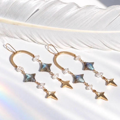 Whimsical Crystal Amethyst Earrings, Celestial Crystal Earrings, North Star Shape, 4 Point Star Earrings, Crystal Dangle Earrings, Boho Stye
