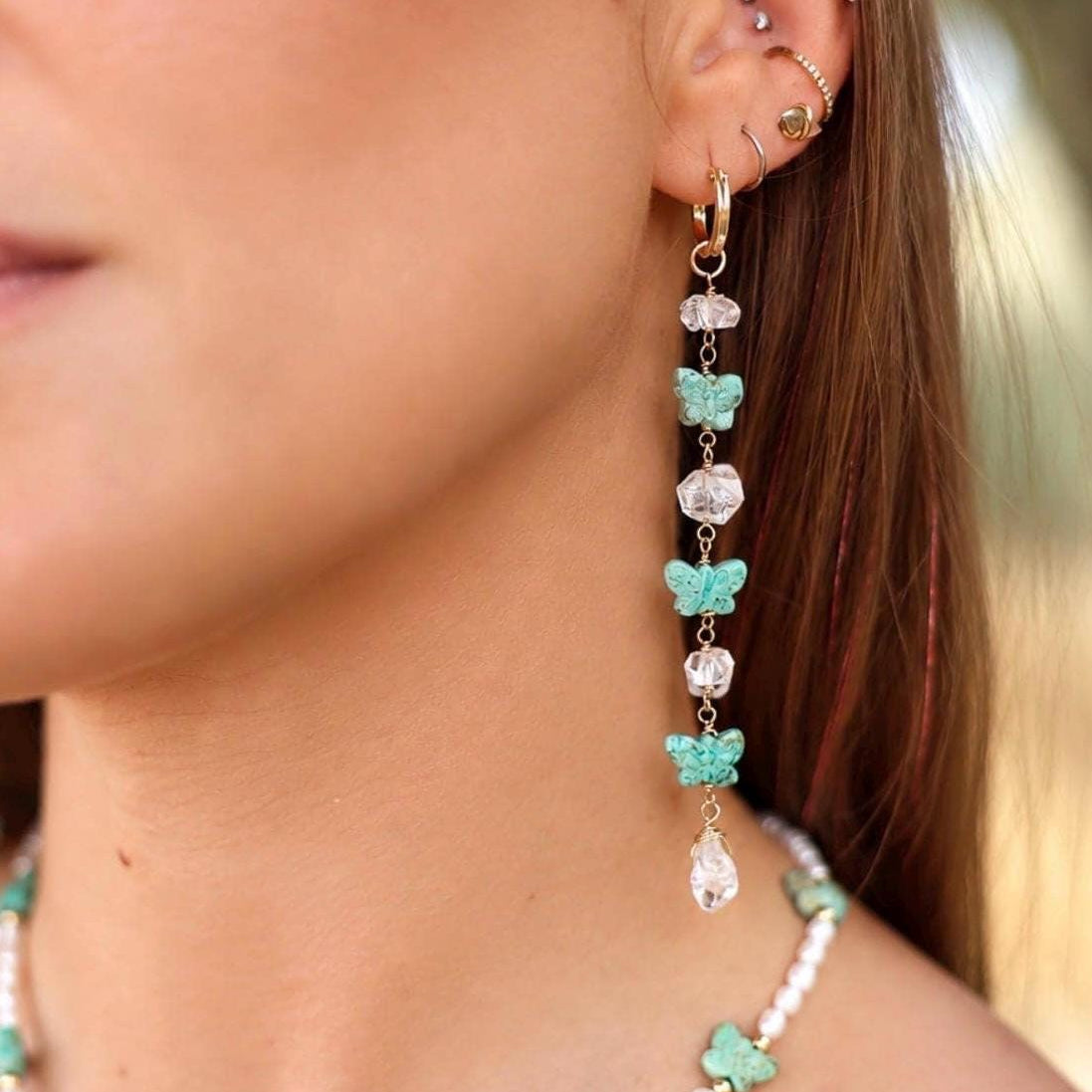 Turquoise Butterfly and Herkimer Diamond Duster Earrings: Gold Filled or Sterling Silver Huggie Hoops, Boho Bead Earrings, Dainty Crystals