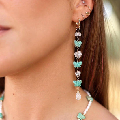 Turquoise Butterfly and Herkimer Diamond Duster Earrings: Gold Filled or Sterling Silver Huggie Hoops, Boho Bead Earrings, Dainty Crystals