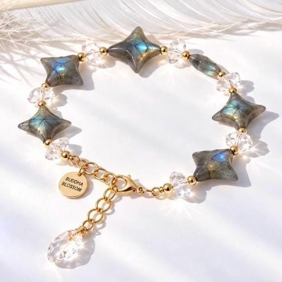 Labradorite Star and Herkimer Diamond Bracelet, Healing Labradorite Crystal Bracelet, Flashy Labradorite Jewelry, Genuine Gemstone Bracelet