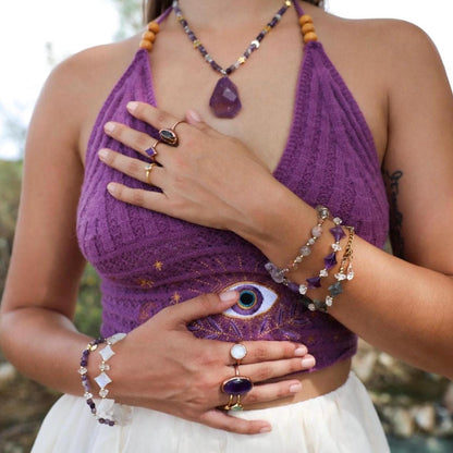 Large Amethyst Nugget Necklace, Gemmy Amethyst Pendant, Beaded Amethyst Boho Jewelry, Amethyst Choker Necklace, Statement Necklace