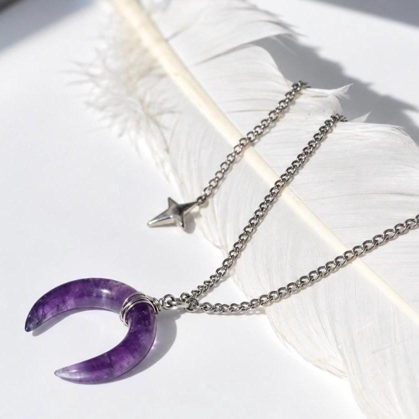 Amethyst Crescent Moon Necklace, Amethyst Horn Pendant, Crystal Moon Pendant, February Birthstone Gift, Celestial Jewelry, Crystal Moon