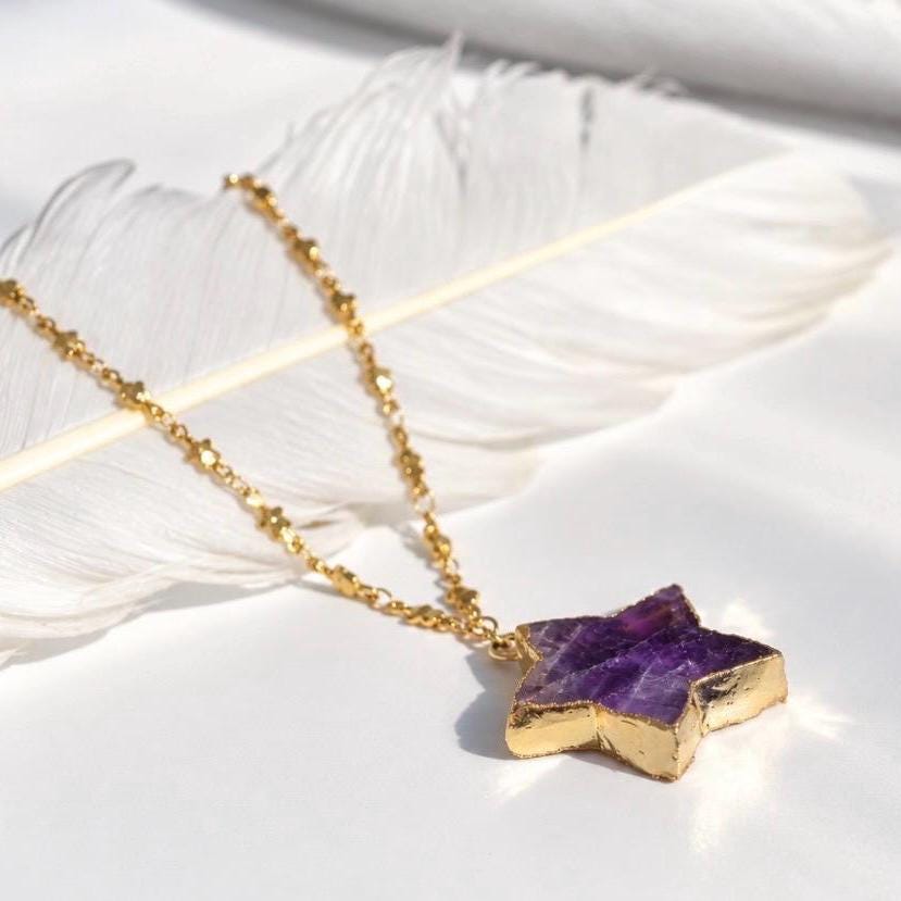 Dark Amethyst Star Pendant, Star Crystal Necklace, Star Jewelry, Celestial Jewelry Gift, Star Necklace, Star Gemstone, February Birthstone