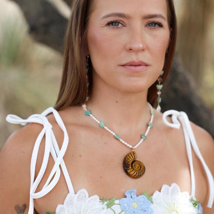 Tigers Eye Ammonite Necklace with Seed Pearls and Peruvian Turquoise Butterflies, Snail Shell Pendant, Unique Pearl Jewelry, Earthy Style