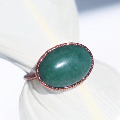 Aventurine Ring in Copper, Good Luck Stone, Green Crystal Ring, Oval Stone Ring, Copper Healing Ring, Organic Style, Horizontal Stone