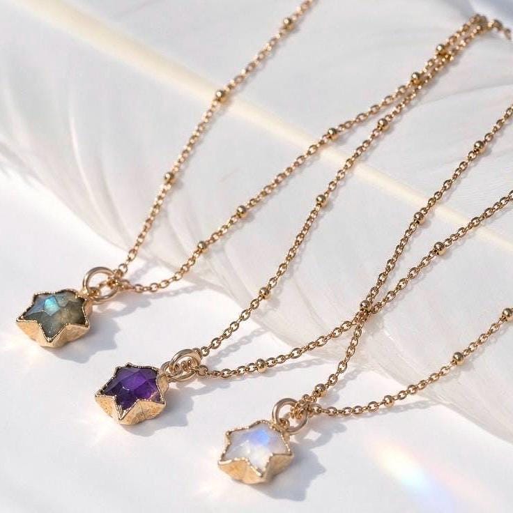 Gemstone Star Necklace, Delicate Star Charm Necklace, Star Jewelry, Moonstone Star, Amethyst Star, Labradorite Star, Star Layer Necklace