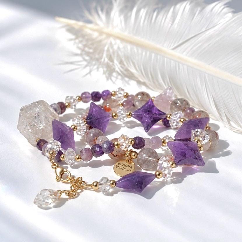 Amethyst Star and Herkimer Diamond Bracelet, 4 Point Star Bracelet, Star Jewelry, Healing Crystal Bracelet, Amethyst Birthstone Gift