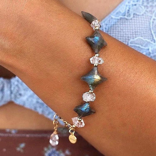 Labradorite Star and Herkimer Diamond Bracelet, Healing Labradorite Crystal Bracelet, Flashy Labradorite Jewelry, Genuine Gemstone Bracelet