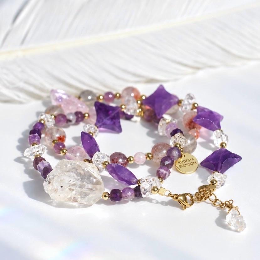 Amethyst and Chunky Herkimer Diamond Stretchy Beaded Bracelet, Genuine Amethyst Bracelet, Amethyst Jewelry, Big Herkimer Diamond Bracelet