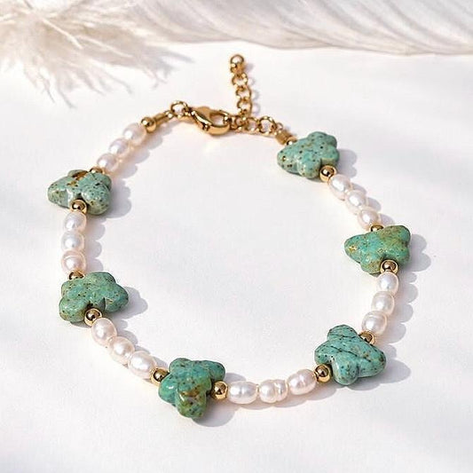 Turquoise Butterfly and Pearl Bracelet, Butterfly Bracelet, Butterfly Jewelry, Turquoise and Pearl Bracelet, Boho Pearl Bracelet