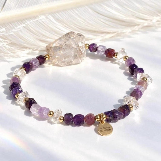 Amethyst and Chunky Herkimer Diamond Stretchy Beaded Bracelet, Genuine Amethyst Bracelet, Amethyst Jewelry, Big Herkimer Diamond Bracelet