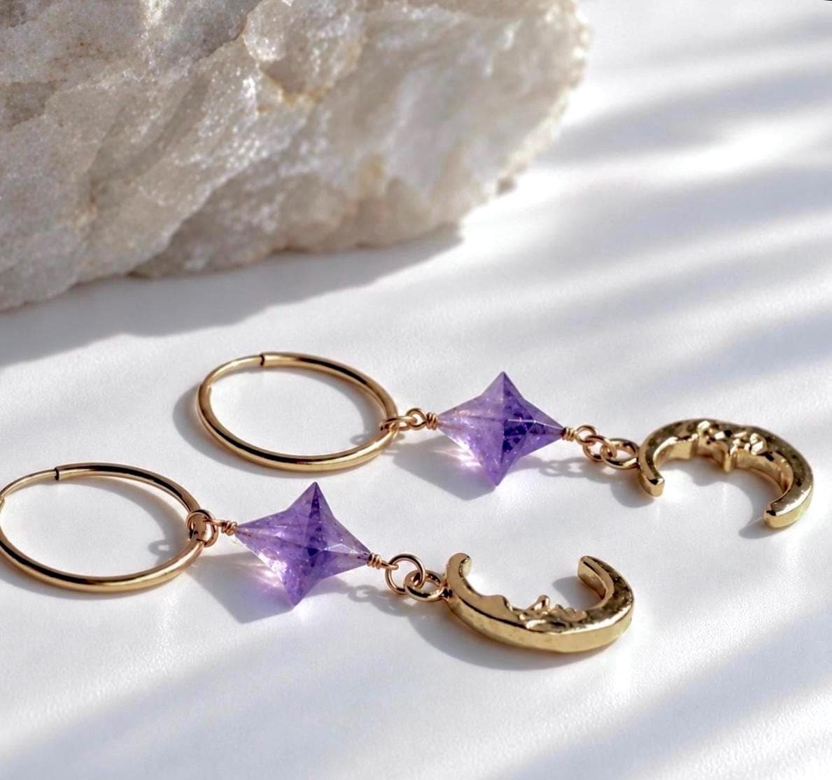 Crescent Moon Face Earrings, Moonstone Crystal Earrings, Moon Earrings Gold, 4 Point Star, Moon Huggy Hoops, Moon Huggies, Celestial Hoops