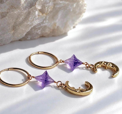 Crescent Moon Face Earrings, Moonstone Crystal Earrings, Moon Earrings Gold, 4 Point Star, Moon Huggy Hoops, Moon Huggies, Celestial Hoops