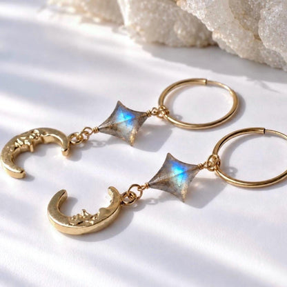 Crescent Moon Face Earrings, Moonstone Crystal Earrings, Moon Earrings Gold, 4 Point Star, Moon Huggy Hoops, Moon Huggies, Celestial Hoops